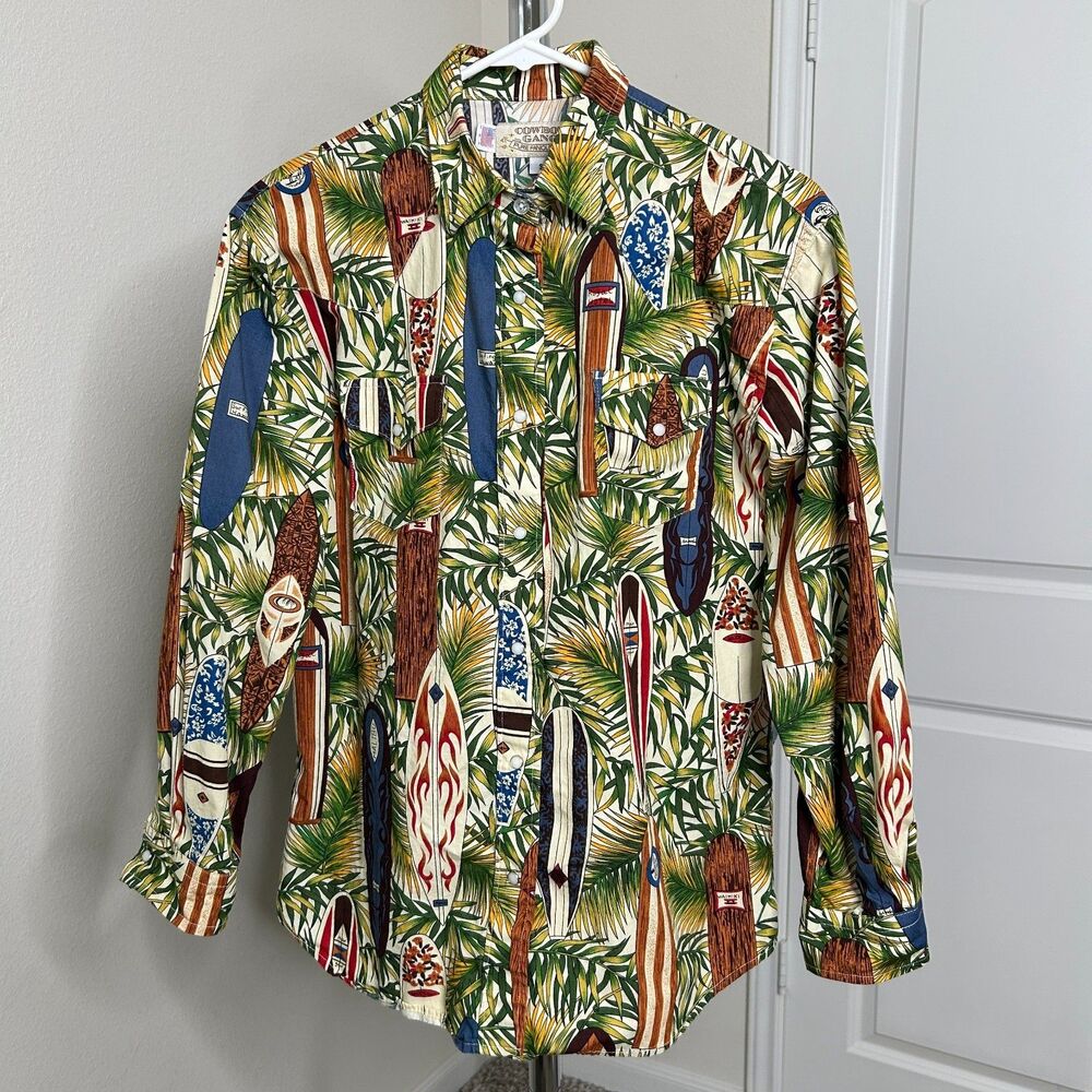 Cowboy Gear Surfboard Western Shirt Pearl Snap Tropical Novelty Palm Small